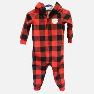 Carters Baby Boy Sleeper 12 M  Buffalo Plaid Red Black Fleece One Piece Hoodie